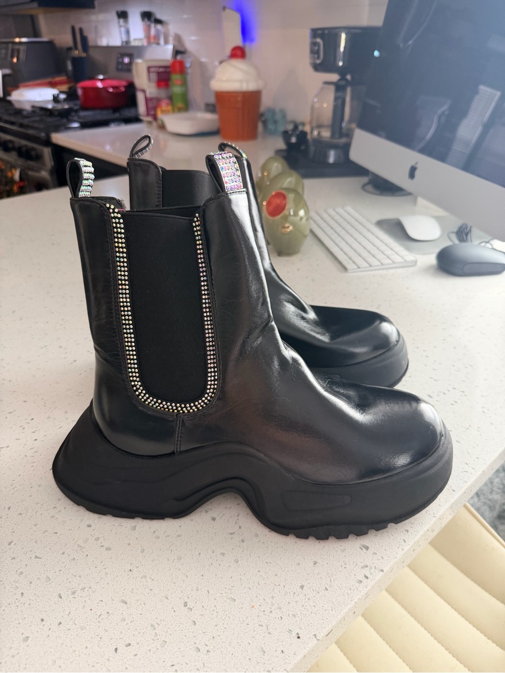 Cape Robbin Black Platform Chelsea Boots with Crystal Trim